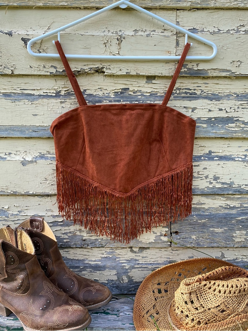 Fringe Suede Crop Top in Rust Brown